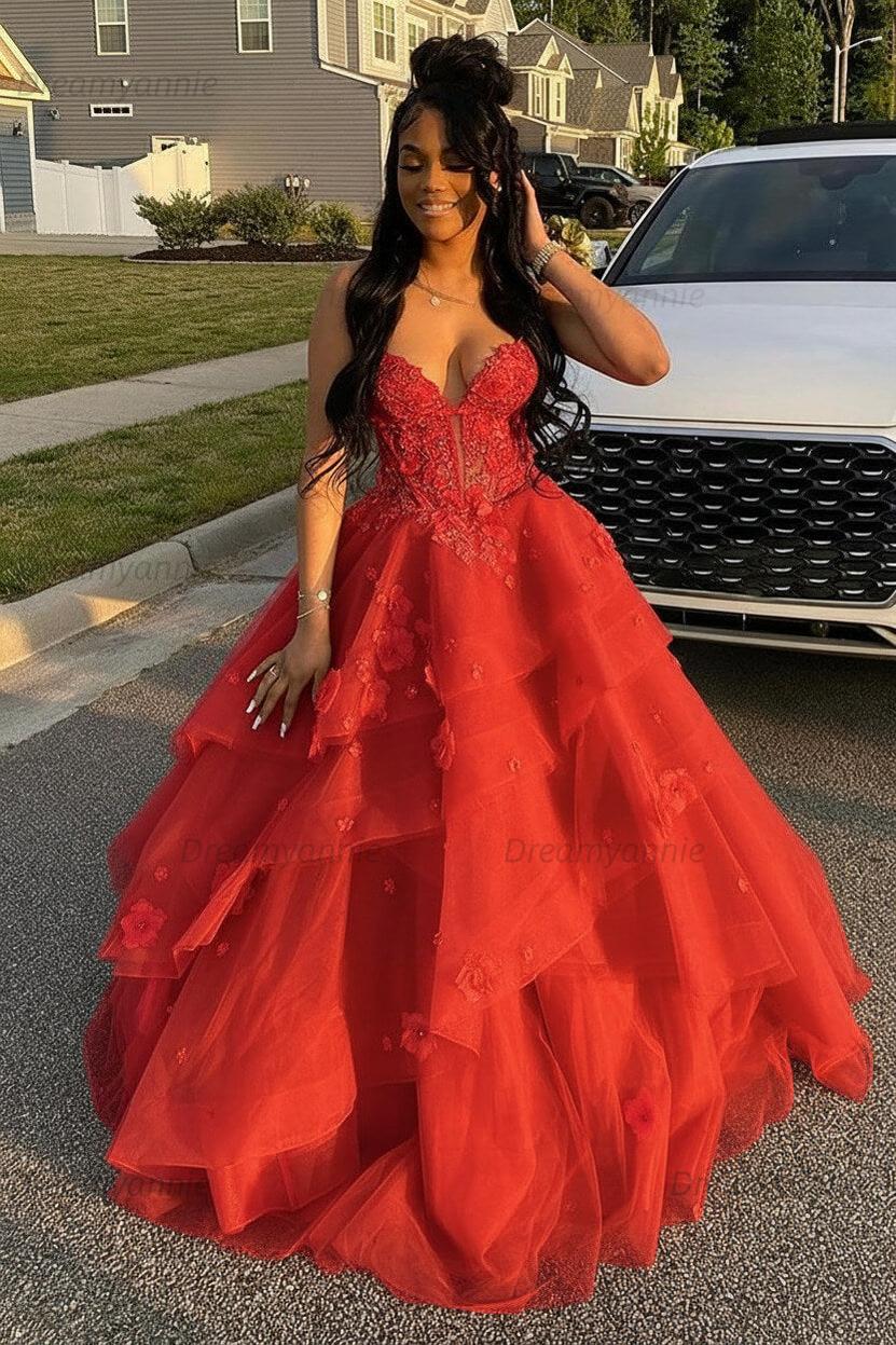 Dreamyannie Sage Prom Dress Floral Tiered Ruffles A-Line Sweetheart Corset Long Formal Dress