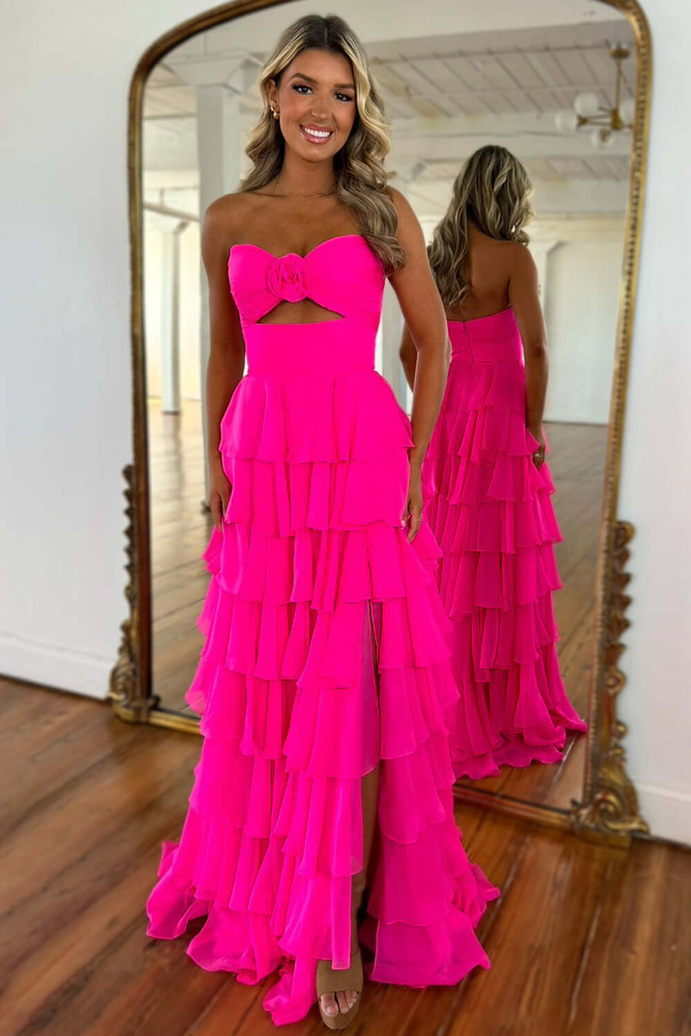 Dreamyannie Princess Blush Prom Dress Sweetheart Ruffled Long Formal Dress With Slit