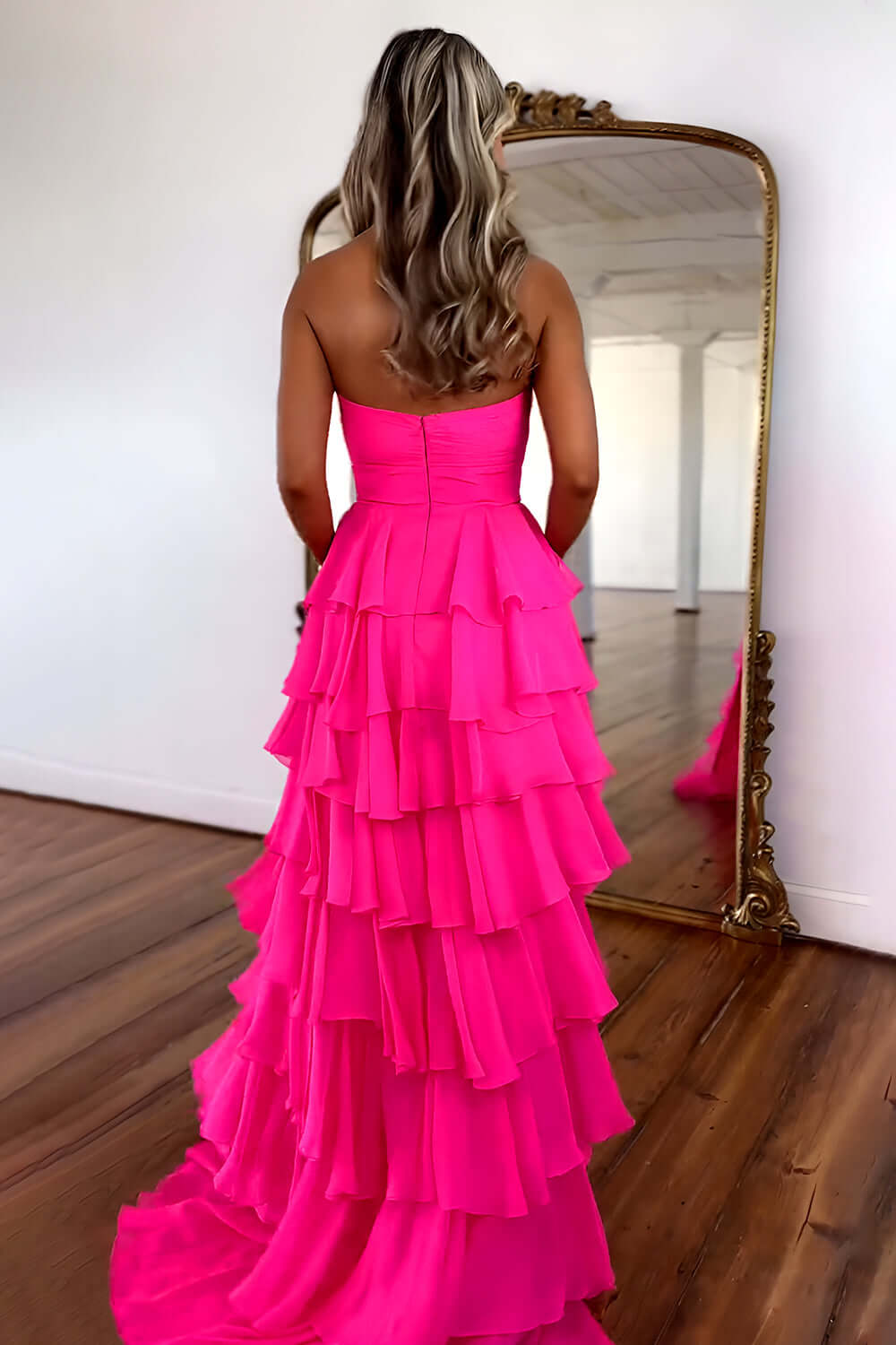 Dreamyannie Princess Blush Prom Dress Sweetheart Ruffled Long Formal Dress With Slit
