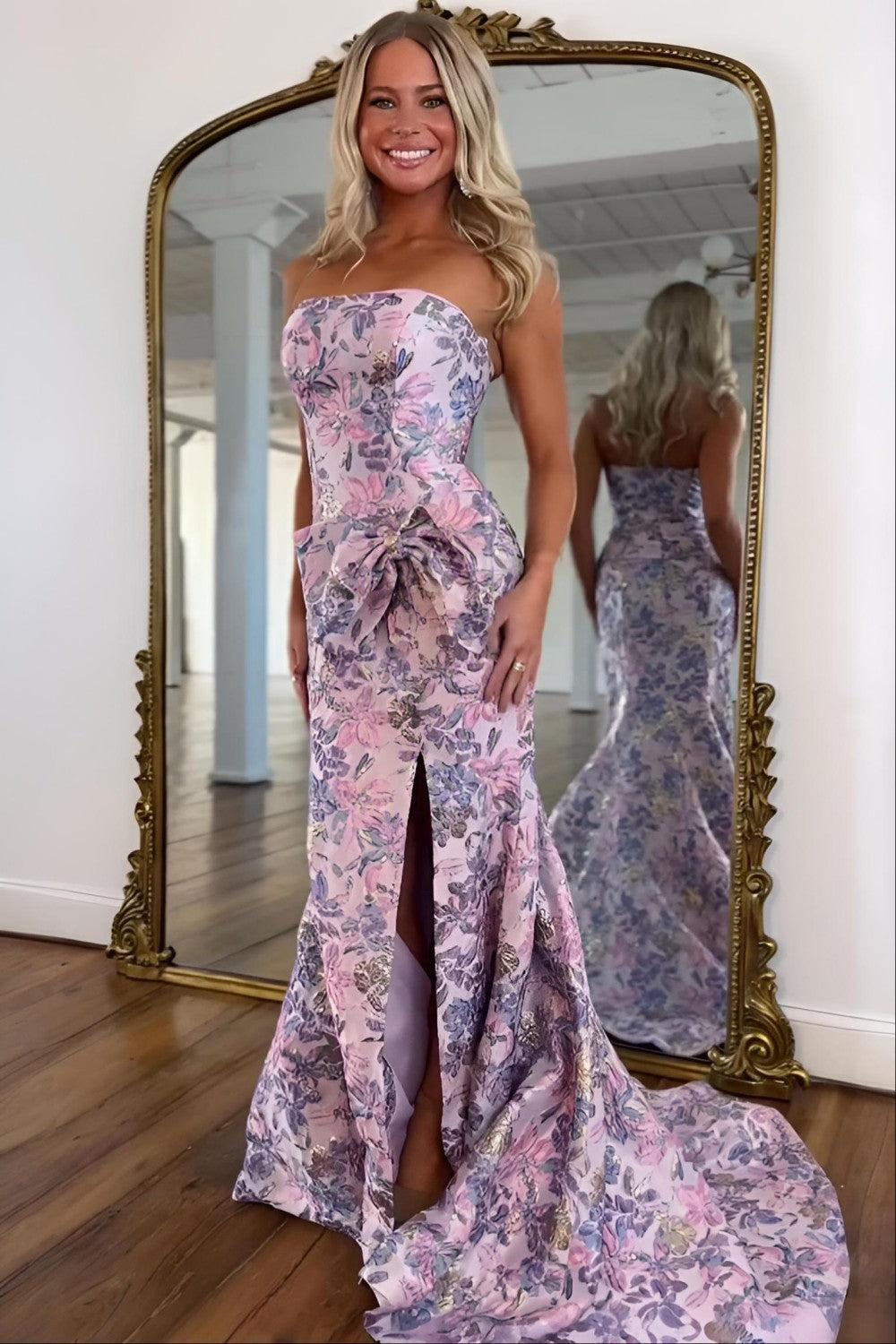 Romantic Floral Strapless Mermaid Prom Dress With Bow Detail And High Slit Formal Evening Gown