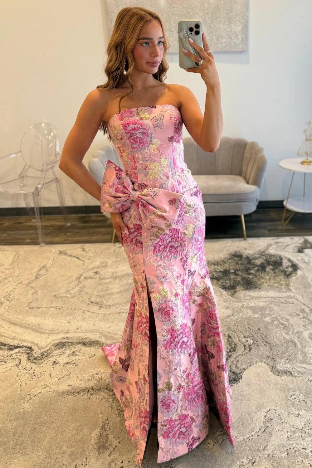 Romantic Floral Strapless Mermaid Prom Dress With Bow Detail And High Slit Formal Evening Gown