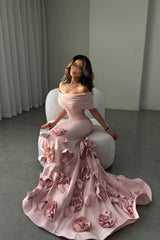 Romantic Off-Shoulder Pink Mermaid Prom Dress With Floral Train Formal Evening Gown
