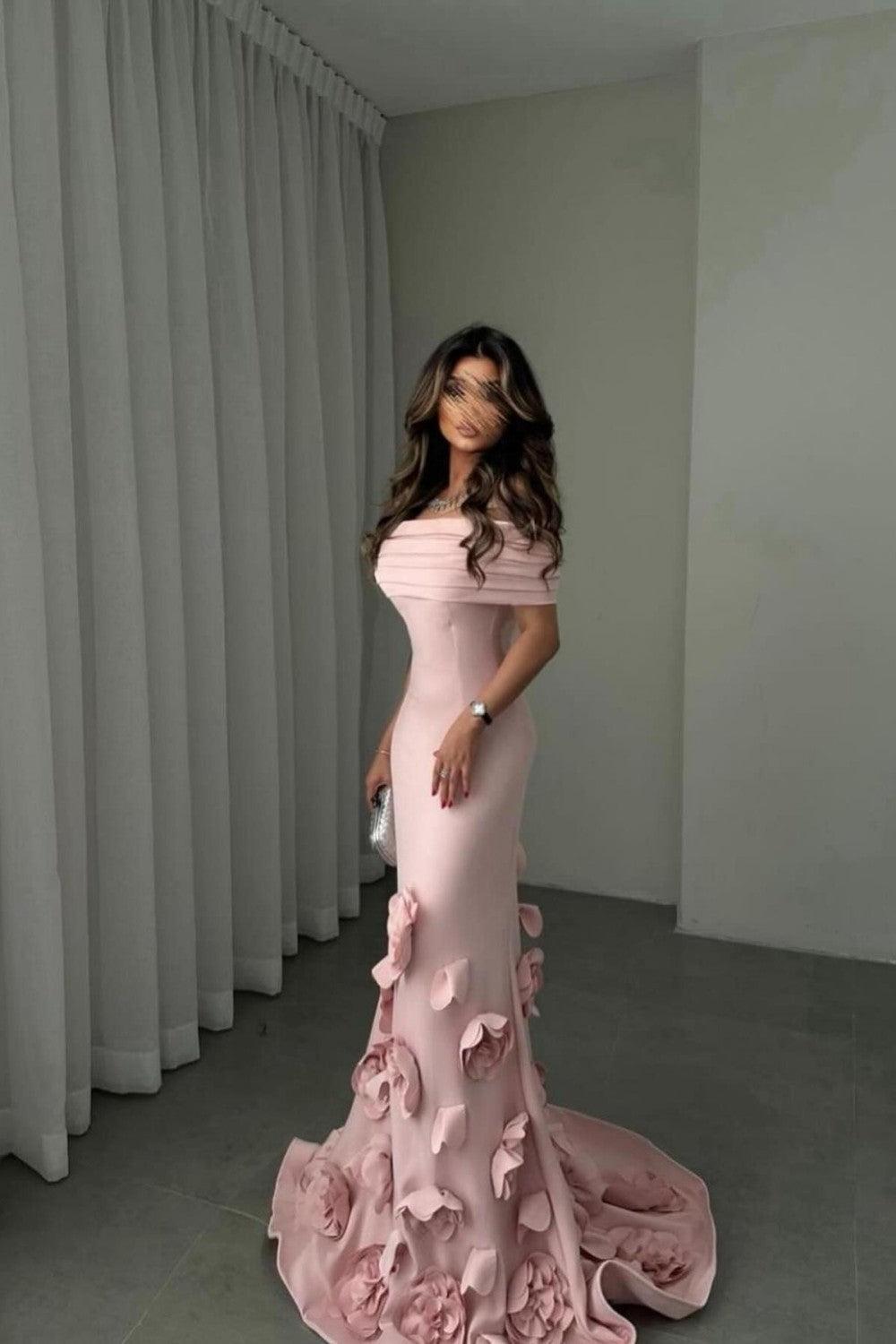 Romantic Off-Shoulder Pink Mermaid Prom Dress With Floral Train Formal Evening Gown