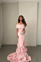 Romantic Off-Shoulder Pink Mermaid Prom Dress With Floral Train Formal Evening Gown