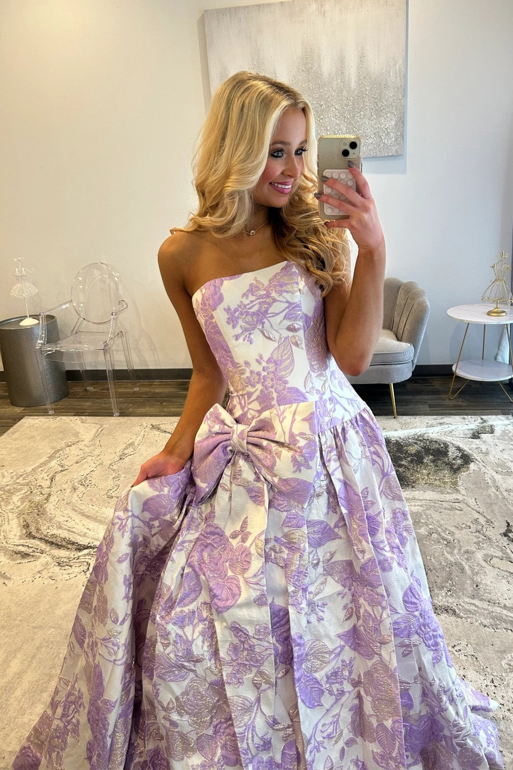 Romantic Purple Floral A-Line Strapless Long Prom Dress With Bow Formal Evening Gown
