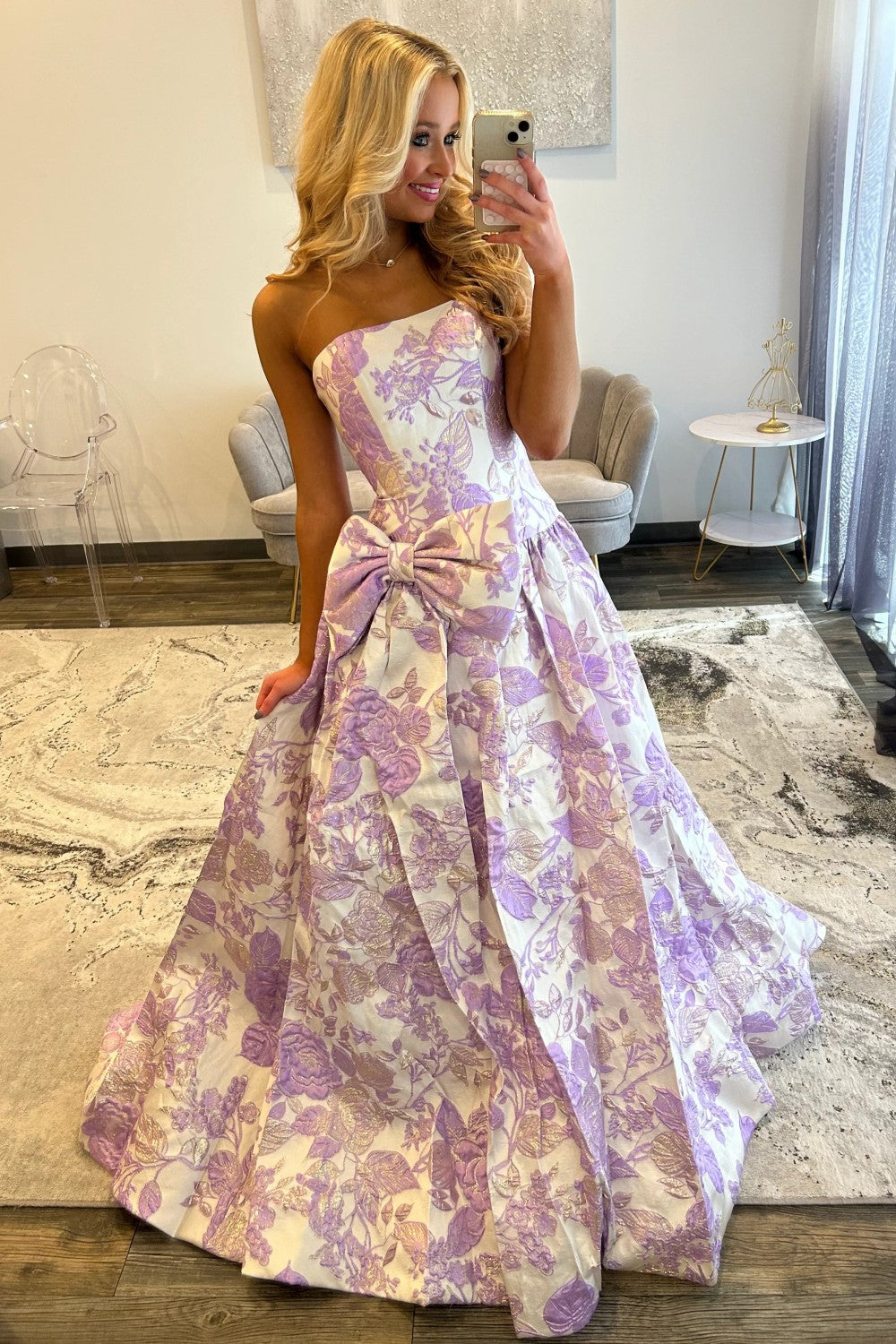 Romantic Purple Floral A-Line Strapless Long Prom Dress With Bow Formal Evening Gown