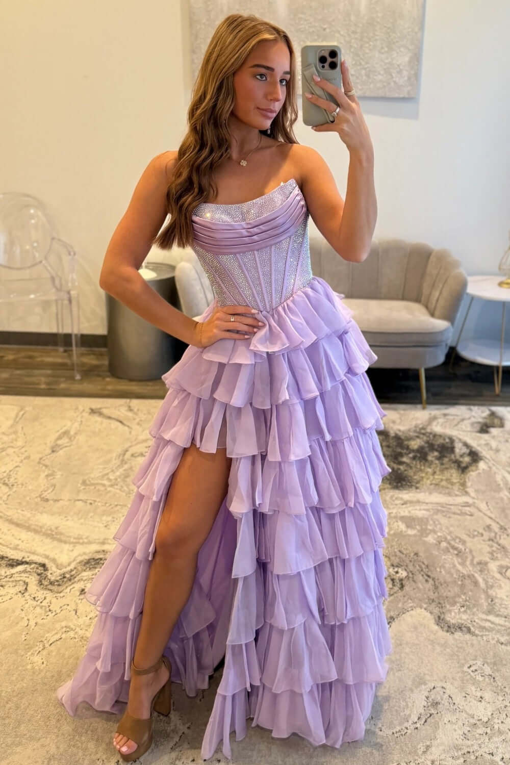 Dreamyannie A Line Tiered Prom Dress Strapless Corset Long Chiffon Formal Dress With Slit