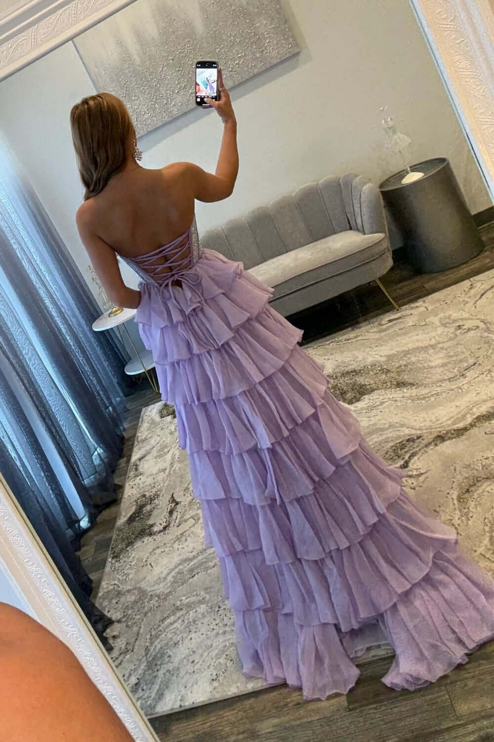 Dreamyannie A Line Tiered Prom Dress Strapless Corset Long Chiffon Formal Dress With Slit