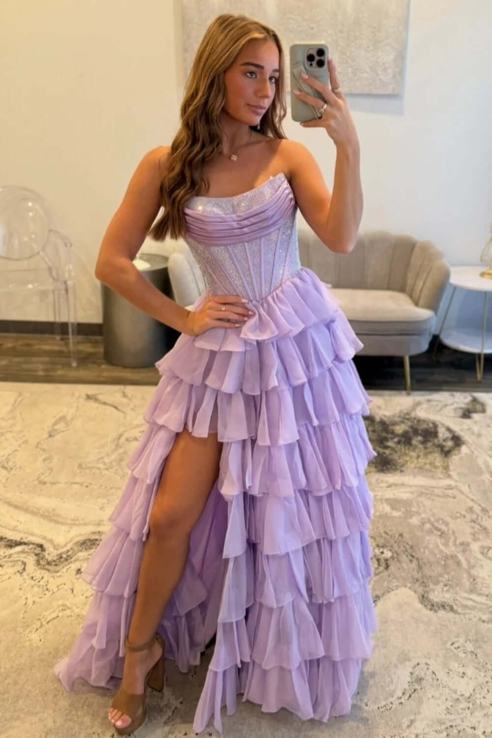 Dreamyannie A Line Tiered Prom Dress Strapless Corset Long Chiffon Formal Dress With Slit