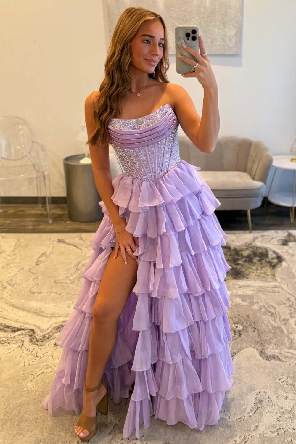Dreamyannie A Line Tiered Prom Dress Strapless Corset Long Chiffon Formal Dress With Slit