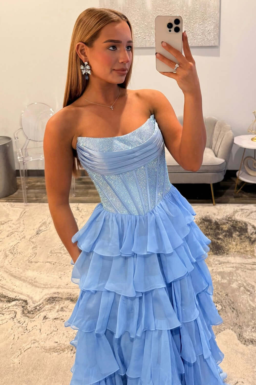 Dreamyannie A Line Tiered Prom Dress Strapless Corset Long Chiffon Formal Dress With Slit
