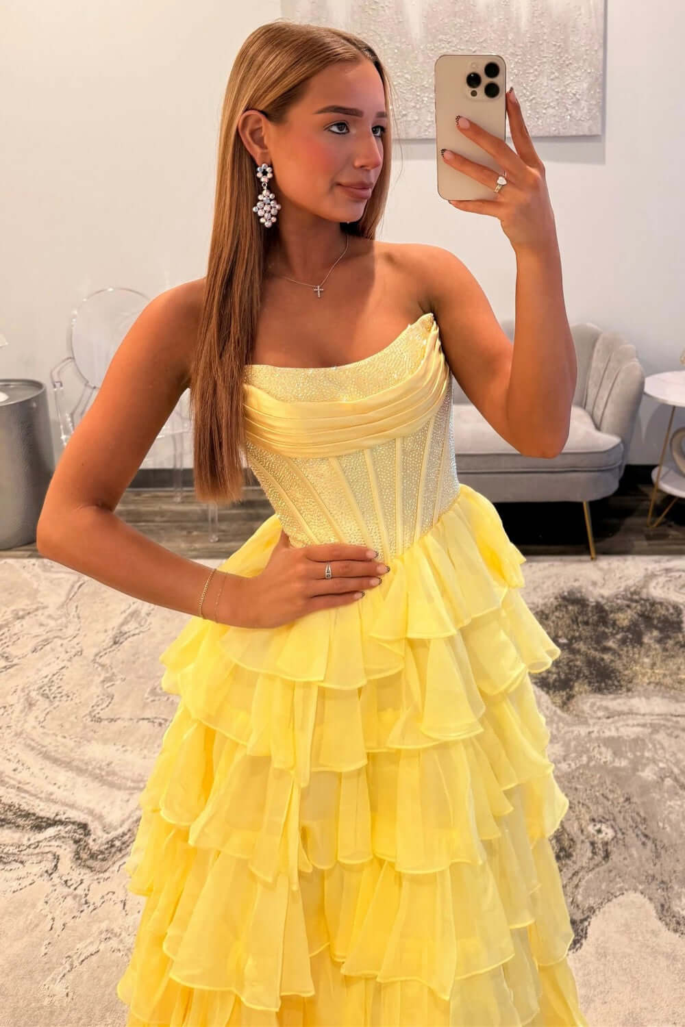 Dreamyannie A Line Tiered Prom Dress Strapless Corset Long Chiffon Formal Dress With Slit