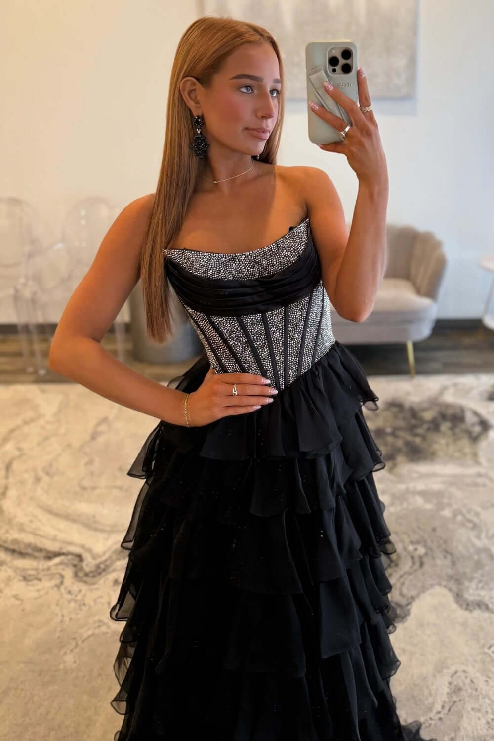 Dreamyannie A Line Tiered Prom Dress Strapless Corset Long Chiffon Formal Dress With Slit