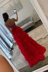 Dreamyannie A Line Tiered Prom Dress Strapless Corset Long Chiffon Formal Dress With Slit