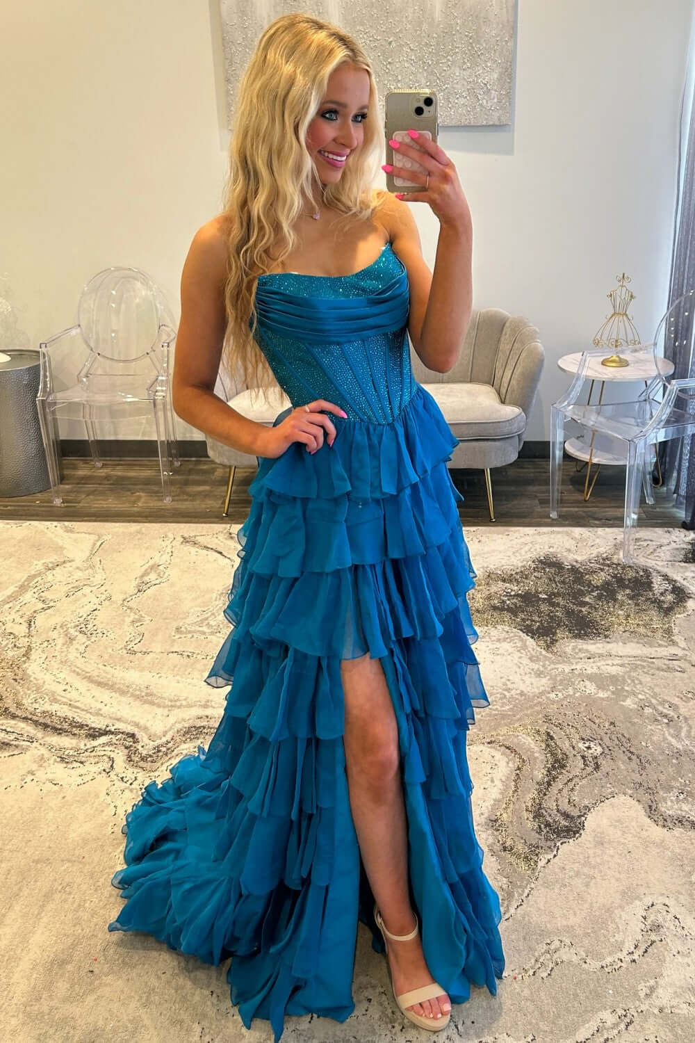 Dreamyannie A Line Tiered Prom Dress Strapless Corset Long Chiffon Formal Dress With Slit