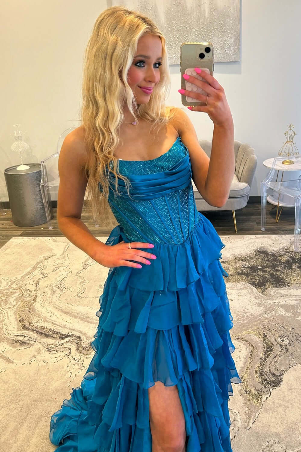 Dreamyannie A Line Tiered Prom Dress Strapless Corset Long Chiffon Formal Dress With Slit