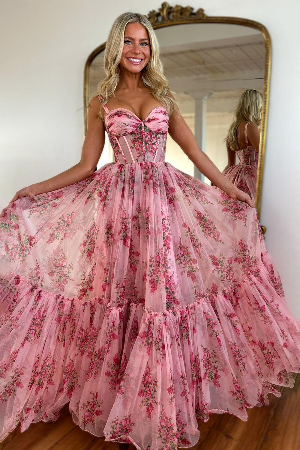 Blush Corset A-Line Floral Long Prom Dress