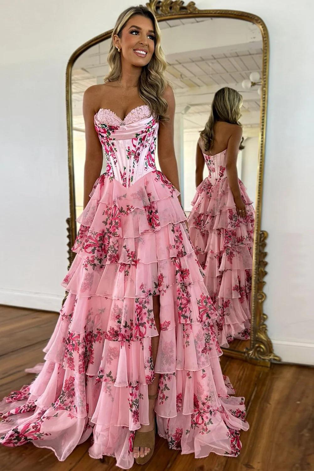 A Line Prom Dress Blush Sweetheart Corset Floral Tiered Long Evening Dress