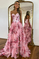 A Line Prom Dress Blush Sweetheart Corset Floral Tiered Long Evening Dress