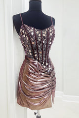 Rose Golden Homecoming Dress Mirror Beaded Tight Short Prom Dress