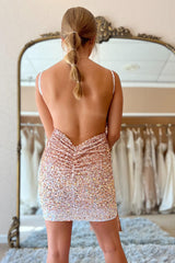 Rose Golden Homecoming Dress Sequin Tight Short Prom Dress