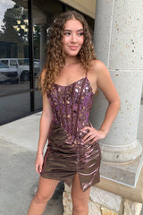 Rose Golden Homecoming Dress Spaghetti Straps Mirror Tight Short Prom Dress with Beading