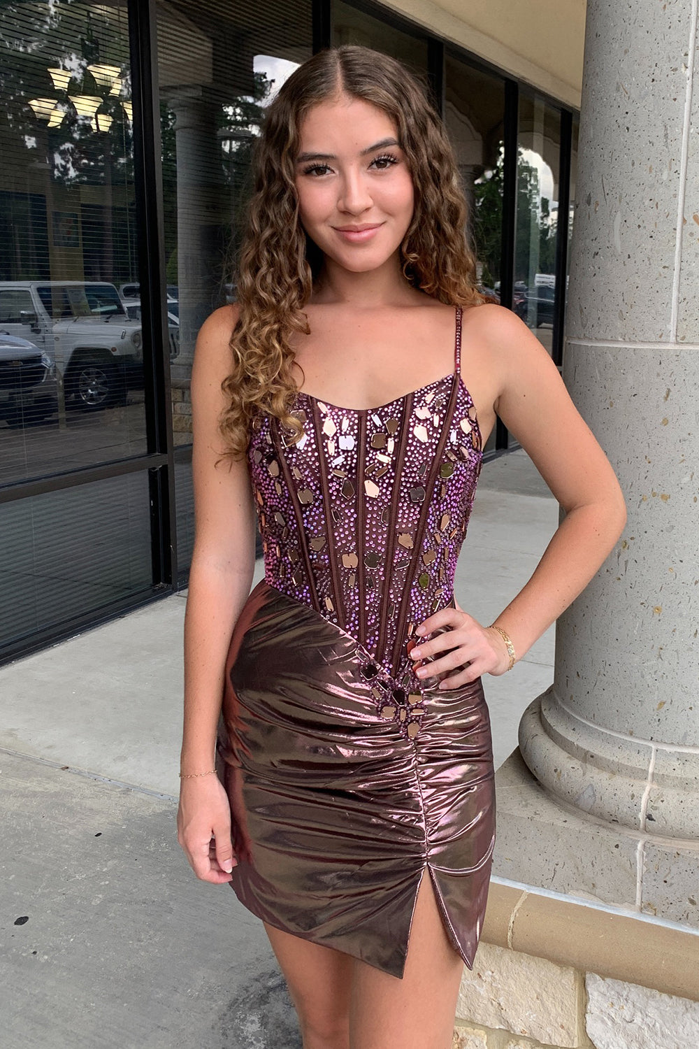 Rose Golden Homecoming Dress Spaghetti Straps Mirror Tight Short Prom Dress with Beading