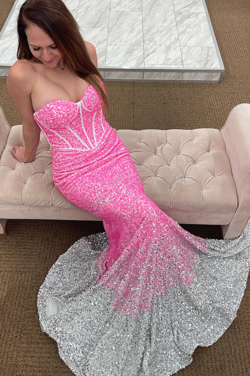 Rose Golden Prom Dress Sparkly Sequined Mermaid Long Evening Dress