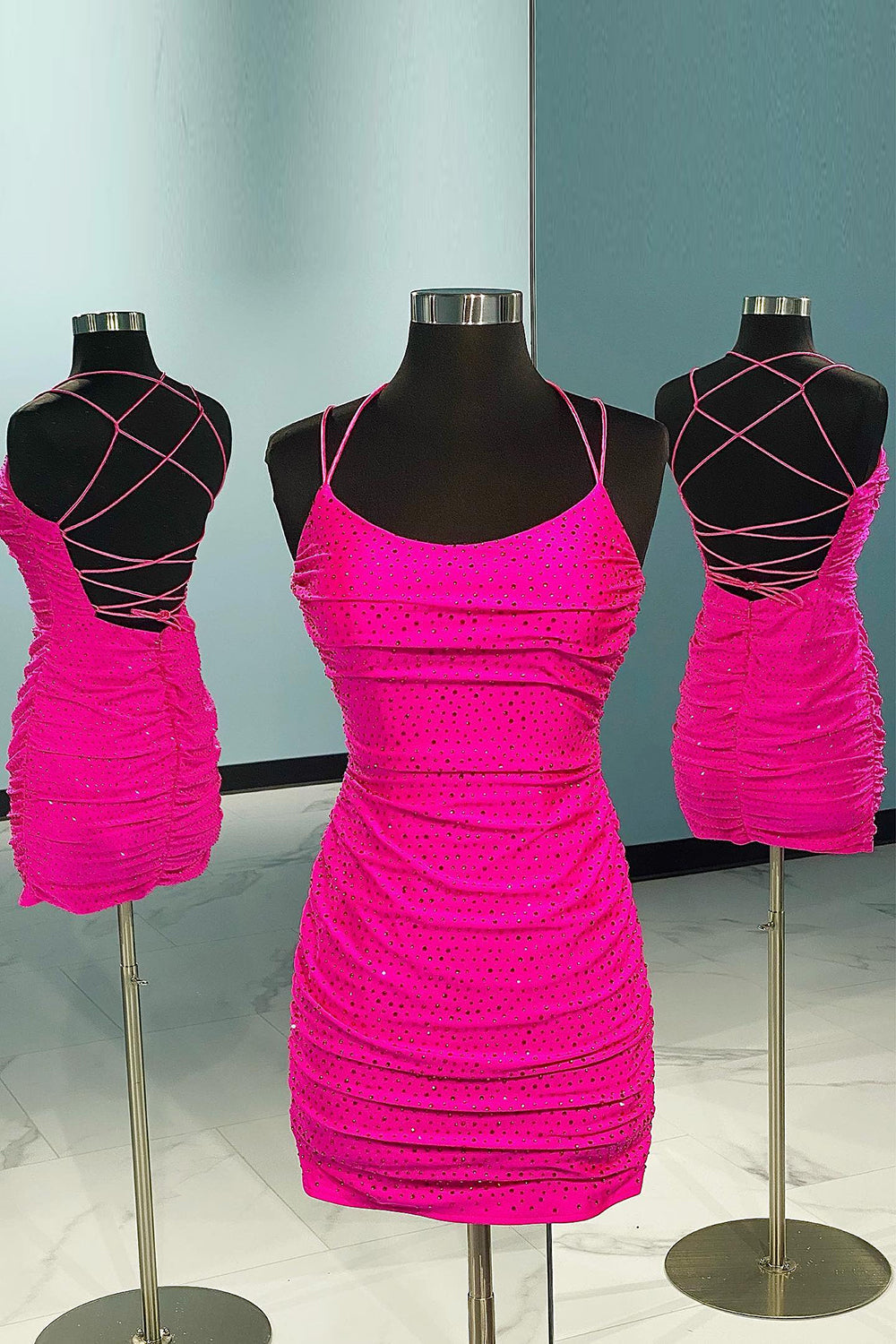 Rose Pink Homecoming Dress Lace Up Tight Cocktail Party Dresses