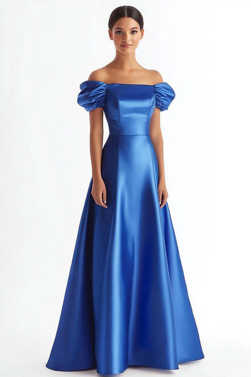 Royal Blue Formal Dress A Line Satin Long Wedding Guest Dress With Ruffles