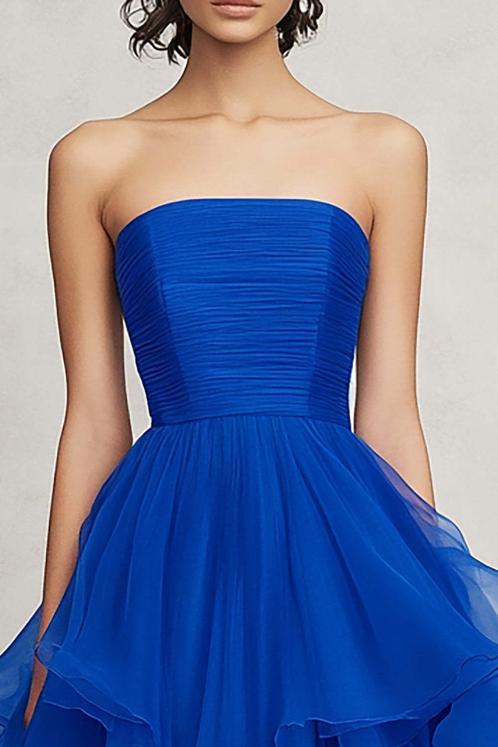 Royal Blue Formal Dress Chiffon Strapless Ruffled A Line Long Wedding Guest Dress