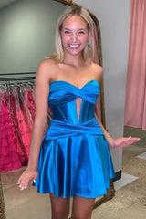 Royal Blue Homecoming Dress A Line Strapless Corset Short Prom Dress with keyhole