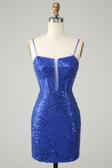 Royal Blue Homecoming Dress Bodycon Spaghetti Straps Prom Dress