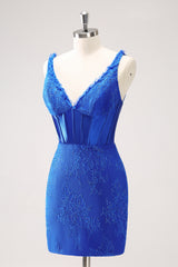 Royal Blue Homecoming Dress Corset Beaded Tight Short Prom Dress With Lace