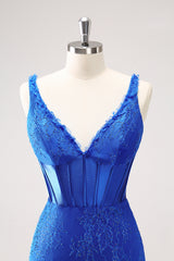 Royal Blue Homecoming Dress Corset Beaded Tight Short Prom Dress With Lace