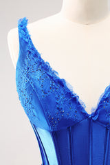Royal Blue Homecoming Dress Corset Beaded Tight Short Prom Dress With Lace