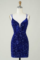 Royal Blue Homecoming Dress Criss-Cross Straps Sequin Tight Short Hoco Dress