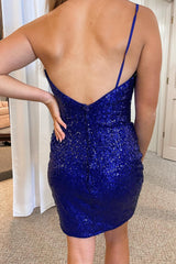 Royal Blue Homecoming Dress Glitter One Shoulder Tight Prom Dress