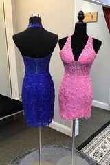 Royal Blue Homecoming Dress Halter Bodycon Short Prom Dress with Appliques