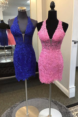 Royal Blue Homecoming Dress Halter Bodycon Short Prom Dress with Appliques
