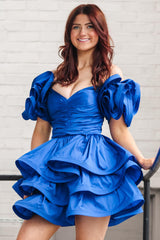 Royal Blue Homecoming Dress Off The Shoulder A Line Tiered Short Prom Dress