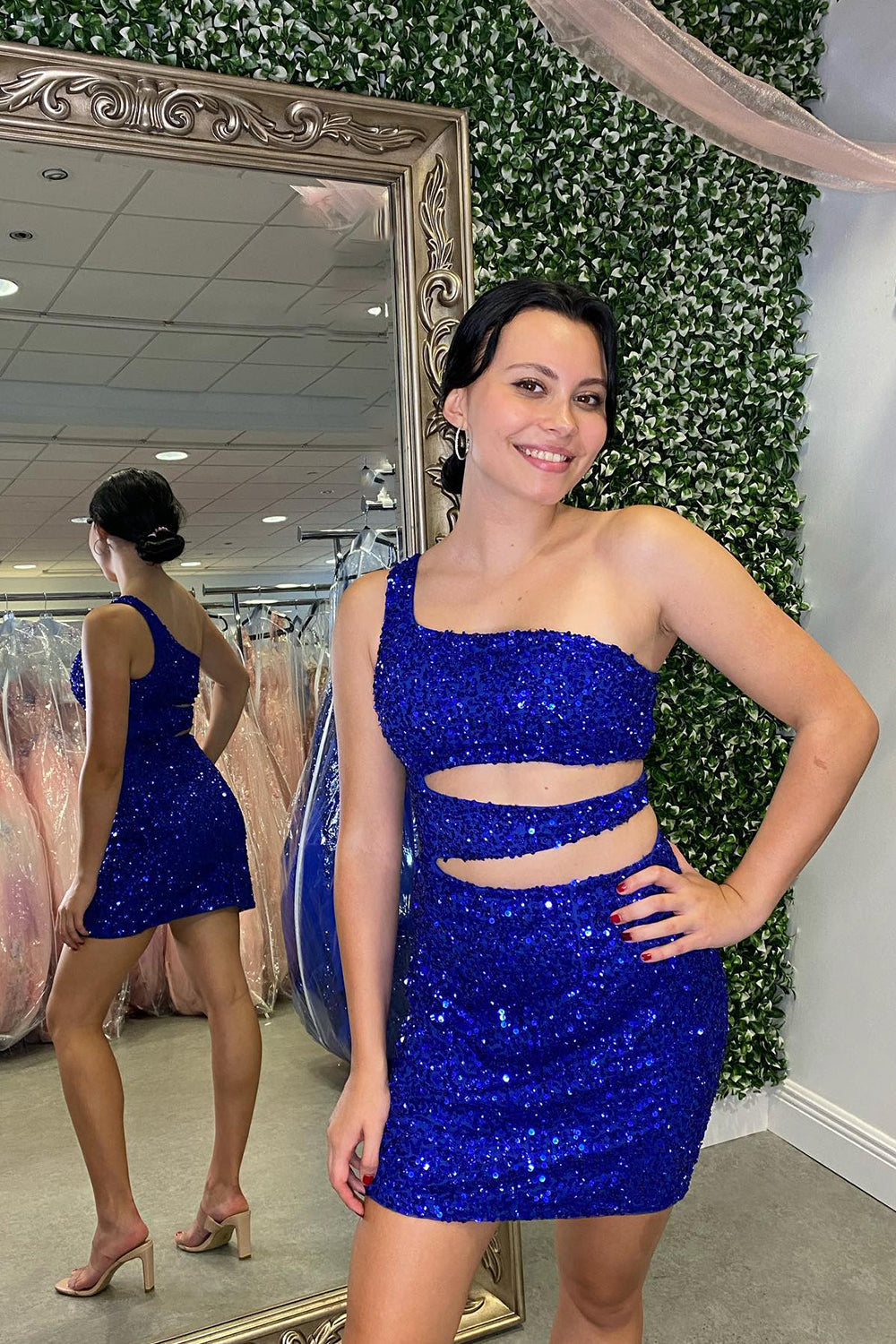 Royal Blue Homecoming Dress One Shoulder Cut Out Sequin Tight Short Prom Dress