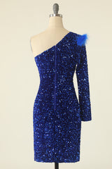 Royal Blue Homecoming Dress One Shoulder Sequined Cocktail Dress With Feathers