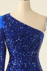 Royal Blue Homecoming Dress One Shoulder Sequined Cocktail Dress With Feathers