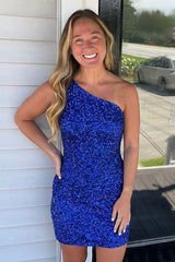 Royal Blue Homecoming Dress Open Back One Shoulder Sequin Tight Short Hoco Dress