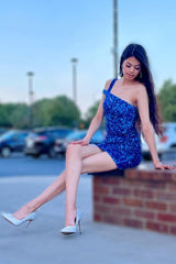 Royal Blue Homecoming Dress Open Back One Shoulder Tight Sequin Prom Dress