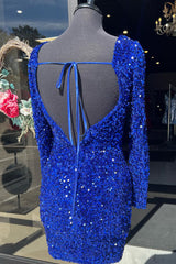Royal Blue Homecoming Dress Sequin Backless Short Prom Dress With Long Sleeves