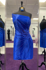 Royal Blue Homecoming Dress Sequin One Shoulder Tight Short Prom Dress with Lace