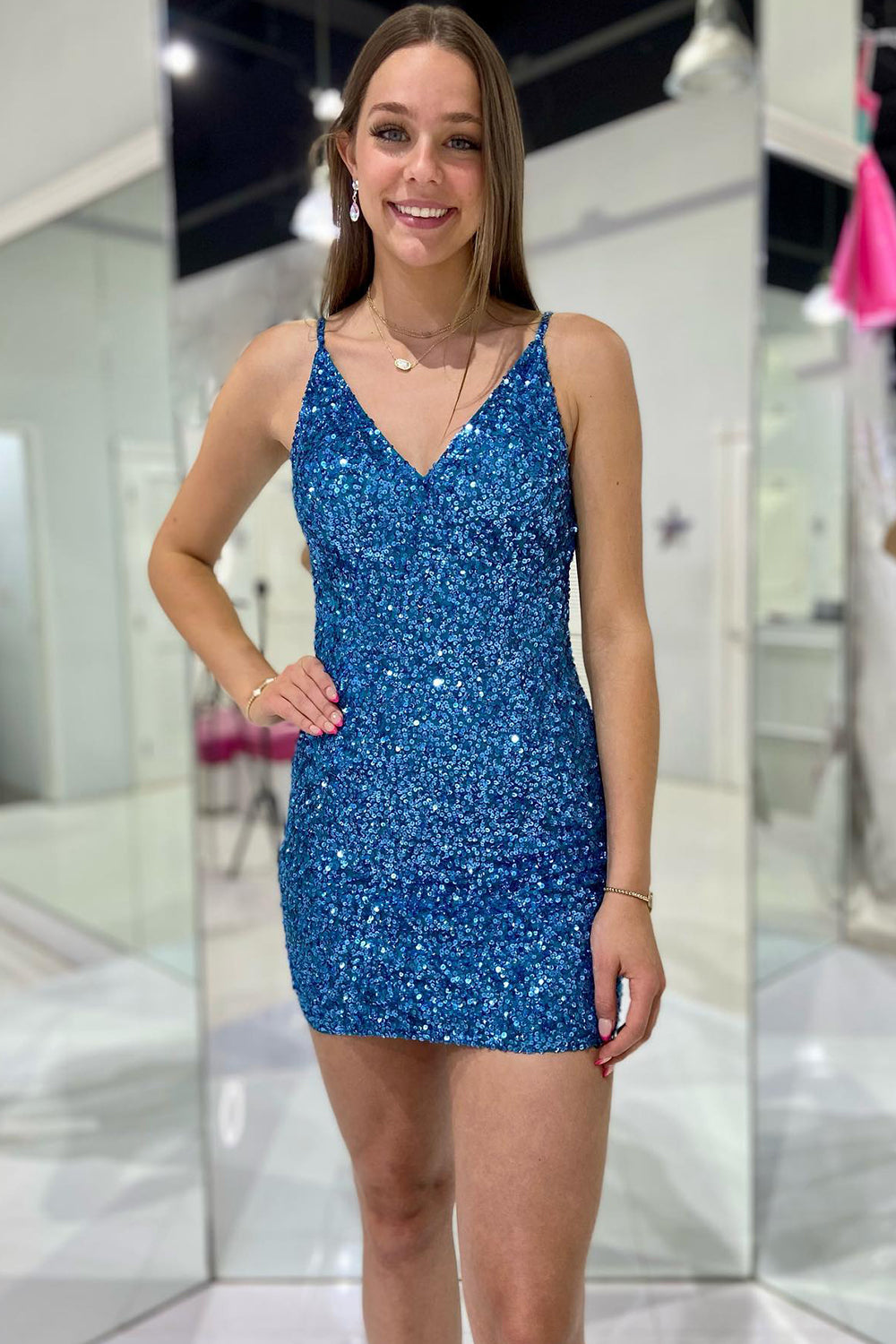 Royal Blue Homecoming Dress Sequin Sleeveless Tight Prom Dress