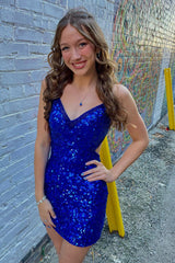 Royal Blue Homecoming Dress Sequined Criss-Cross Straps Tight Short Prom Dress